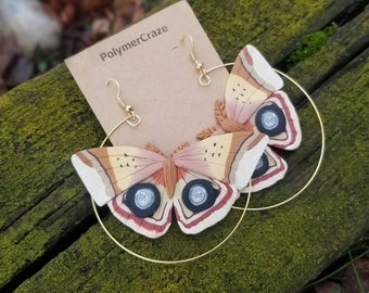 Handmade polymer clay IO moth statement hoop earrings, moth hoop earrings, moth statement earrings, moth earrings entomology jewelry gift
