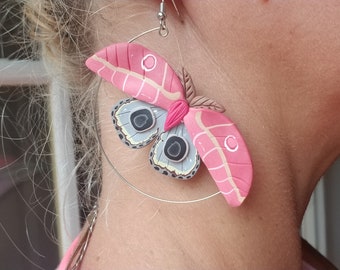 Polymer clay pink IO moth statement hoop earrings, pink IO moth earrings, pink moth hoop earrings, moth statement earrings, moth lover gift