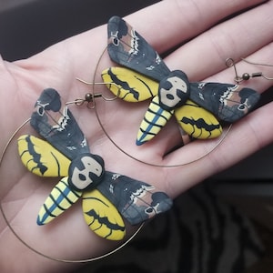 Polymer clay death head hawk moth hoop earrings, death head moth earrings, moth statement earrings, moth earrings, entomology gift for her image 1