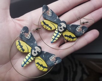 Polymer clay death head hawk moth hoop earrings, death head moth earrings, moth statement earrings, moth earrings, entomology gift for her