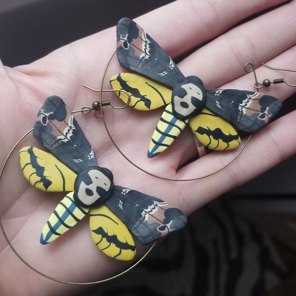 Polymer clay death head hawk moth hoop earrings, death head moth earrings, moth statement earrings, moth earrings, entomology gift for her