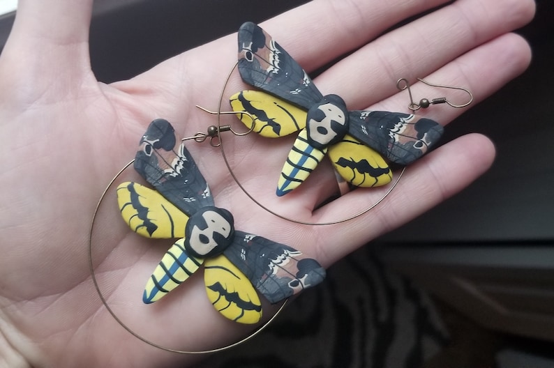 Polymer clay death head hawk moth hoop earrings, death head moth earrings, moth statement earrings, moth earrings, entomology gift for her image 1