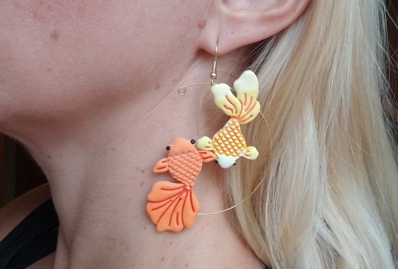 Polymer clay goldfish hoop earrings, goldfish hoop earrings, gold fish earrings, fish lover earrings gift for her, hoop earrings image 1