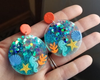 Polymer clay resin statement beach earrings, resin glitter beach earrings, seahorse earrings, starfish earrings, sparkle glitter earrings