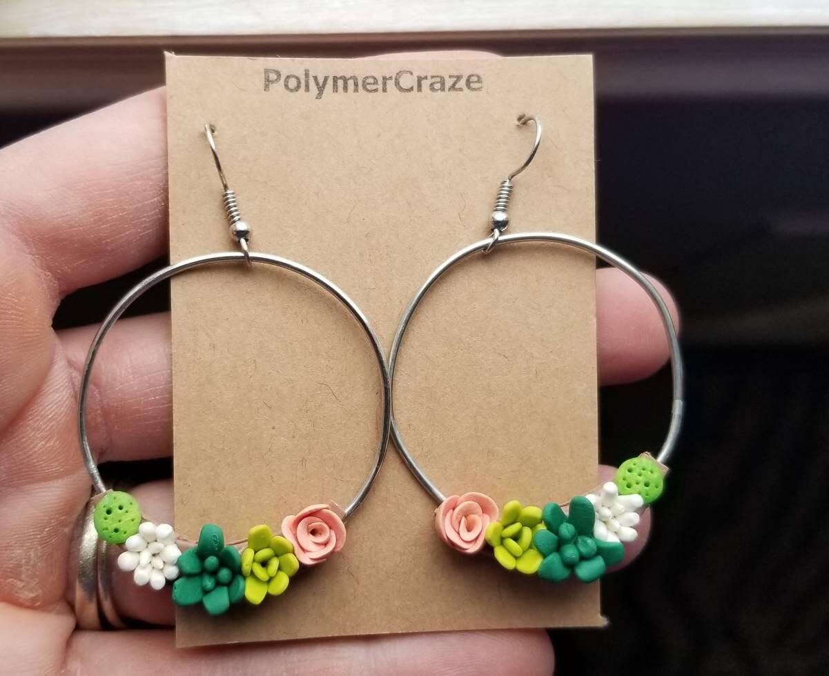 Polymer Clay Succulent Hoop Earringssucculent Earrings Etsy Singapore