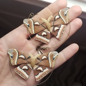 Polymer clay silk moth statement hoop earrings, silk moth hoop earrings, silk moth earrings, moth statement earrings, moth earrings insect