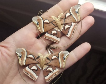 Polymer clay silk moth statement hoop earrings, silk moth hoop earrings, silk moth earrings, moth statement earrings, moth earrings insect