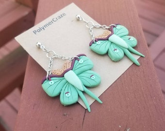 Polymer clay luna moth earrings, luna moth earrings, moth earrings, polymer clay moth earrings, moth dangle earrings, luna moth jewelry gift