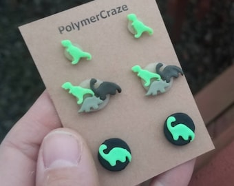 Polymer clay dino stud earrings, dino stud pack, dinosaur stud earrings, tiny t rex stud earrings, triceratops stud earrings, brontosaurus