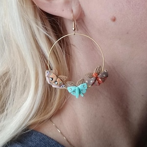 Polymer clay moth hoop earrings,moth hoop earrings,moth statement earrings,luna moth earrings,moth lover earrings,moth jewelry gift,moths