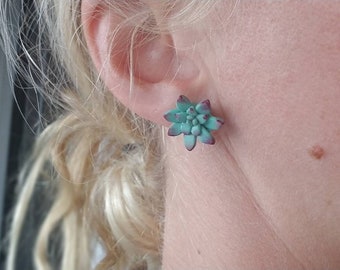 May include: A pair of small, green and purple succulent earrings. The earrings are shaped like a flower and have a realistic look.