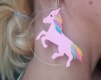 Polymer clay unicorn statement hoop earrings, unicorn hoop earrings, unicorn earrings, unicorn lover earrings, unicorn gift, unicorns