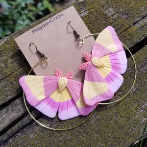 Polymer clay rosy maple moth hoop earrings, rosy maple moth earrings, moth statement earrings, moth earrings, moth entomology gift for her