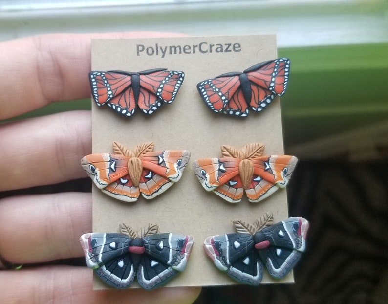 Polymer clay butterfly stud earrings, butterfly stud earrings, moth stud earrings, moth earrings, butterfly moth earrings, stud earrings image 1