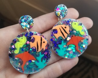 Polymer clay resin beach statement earrings, resin statement earrings, ocean earrings, beach earrings, string ray earrings, fish earrings