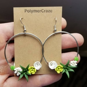 Polymer clay succulent hoop earrings, succulent earrings, succulent jewelry, succulent gift for her, birthday gift, plant lover gift, hoops