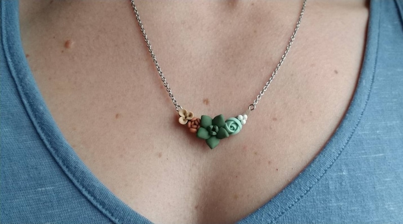 Polymer clay succulent necklace, succulent pendant necklace, succulent necklace jewelry birthday gift for her, succulent jewelry image 2