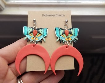 Polymer clay Sunset moth moon earrings, Madagascar Sunset moth earrings, moth earrings, moon earrings, moth moon earrings, moth lover gift
