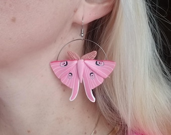 Polymer clay pink moth hoop earrings,pink luna moth earrings,Valentine's day earrings,pink butterfly earrings,gift for her,Valentine's day