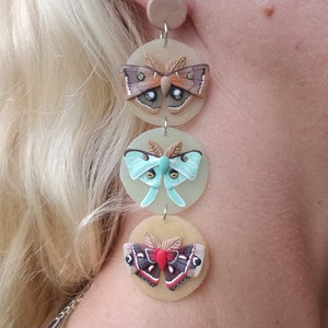 Polymer clay moth statement earrings, Polyphemus moth earrings, Luna moths earrings, Cecropia moth statement earrings entomology gift