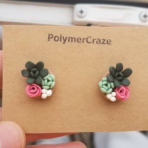 Handmade polymer clay succulent stud earrings, succulent stud earrings, polymer clay succulent studs, pink succulents Valentine&#39;s earrings