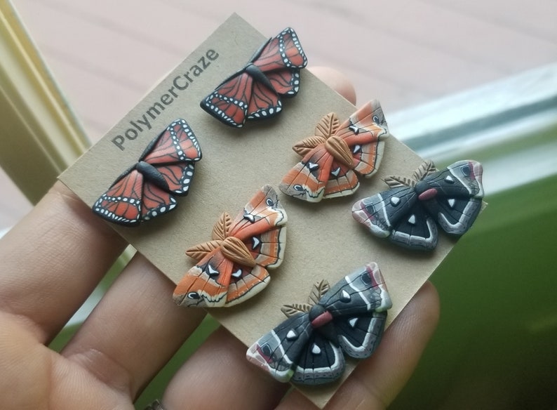 Polymer clay butterfly stud earrings, butterfly stud earrings, moth stud earrings, moth earrings, butterfly moth earrings, stud earrings image 2