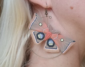 Polymer clay Polyphemus moth statement hoop earrings, Polyphemus moth hoop earrings, polyphemus moth earrings, moth statement earrings gift