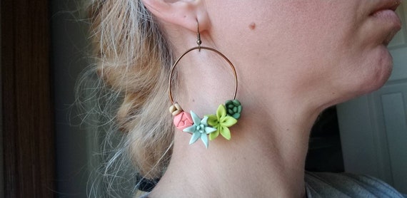 Polymer Clay Succulent Hoop Earrings Succulent Jewelry Succulent