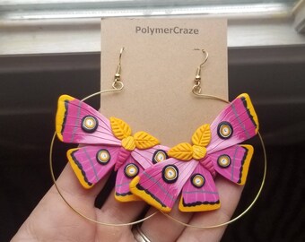 Handmade polymer clay moth hoop earrings, pink moth hoop earrings, moth hoop earrings, pink moths pink moth earrings entomology gift for her