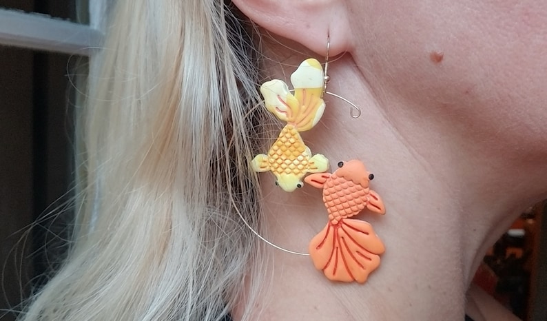 Polymer clay goldfish hoop earrings, goldfish hoop earrings, gold fish earrings, fish lover earrings gift for her, hoop earrings image 4