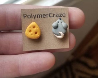 Polymer clay mouse and cheese stud earrings, mouse stud earrings, mouse earrings, cute mouse jewelry gift for her, mouse lover earrings gift