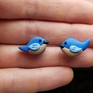 Handmade polymer clay blue bird stud earrings