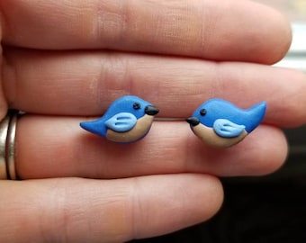 Handmade polymer clay blue bird stud earrings