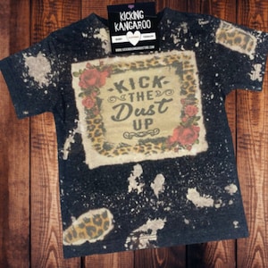 Kick the dust up youth girls t-shirt, toddler, country music, leopard print, floral, country girl, bleached tee, little kids