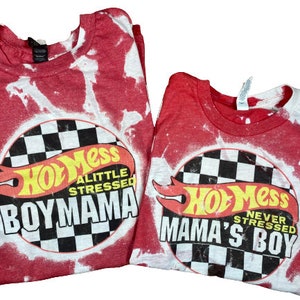 Boy Mama, Mama's boy, matching set, t-shirts, bleached, mother, mom life, son, toddler boy, youth boy, kids, racing, family set, hot mess