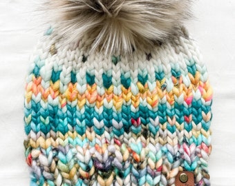 Blue & Yellow Sparkle Hand-knit Luxury 100% Merino Wool Winter Hat