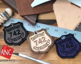 Custom Leather Key chain - Police -Sheriff -Constable - Police Department - Personalized Police Badge- Thin Blue Line - Houston Police - HPD