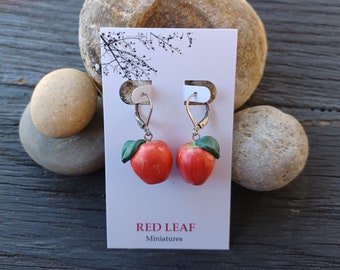 Apple, Polymer Clay Earrings, Stainless Steel Lever Back, Food Earrings, Miniatures