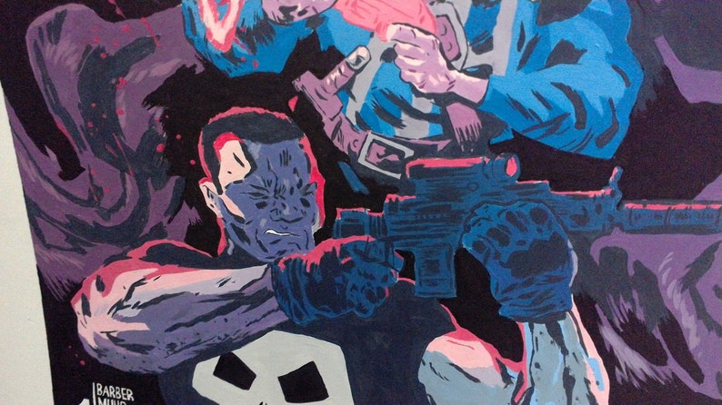 Comic book cover painting Doctor Strange and the Punisher