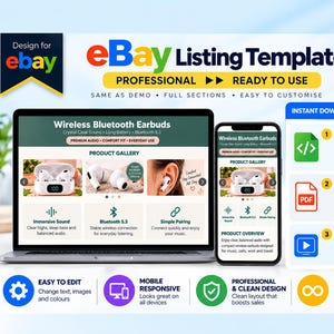 May include: A digital eBay listing template displayed on a laptop and smartphone screen, featuring a product gallery for wireless Bluetooth earbuds. The graphic includes text for an HTML template, user guide, and video tutorial for instant download.