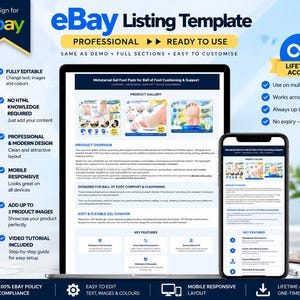 May include: A digital eBay listing template displayed on a laptop and smartphone screen. The template features blue and white branding, text sections for product details, and a gallery layout. Icons and bullet points highlight features like mobile responsiveness, editable content, and lifetime access.