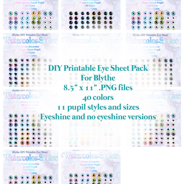 DIY Printable Blythe Eyechip sheets - Watercolor Series - 12 pupil sizes and styles, 40 colors!