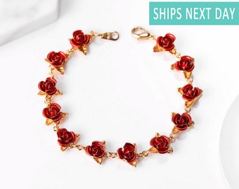 Lizzyoftheflowers Vintage Style Antique Silver Tone red Lacquer Rose Elastic Bracelet with Bell 