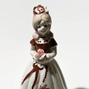 Vintage 70&#39;s Ceramic Victorian Lady in Brown Dress wRose Bell