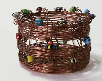 Vintage Artisan Woven Copper Wire Basket with Glass Face and Mosaic Beads