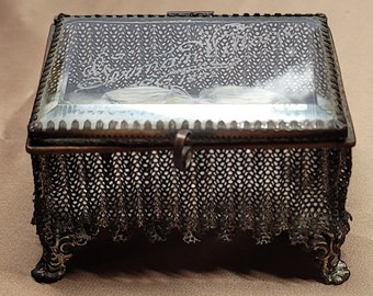 1893 German Village Jewelry Trinket Box Casket Acid Etched Beveled Glass Lid