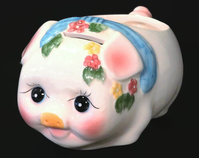 Mid-Century Piggy Bank and Planter Pink and Blue with Flowers..Just too Cute!