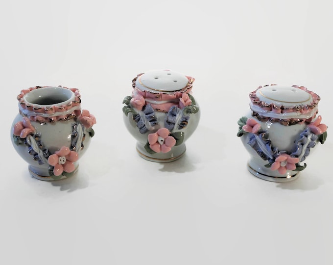 Pretty Mid Century Porcelain w/Pink Applied Flowers & Ribbon Salt Pepper Shakers and Toothpick