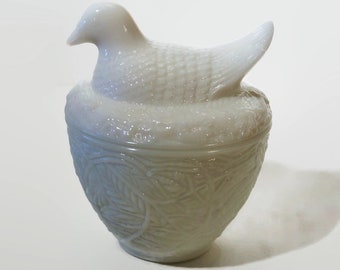 1970's Avon Milk Glass Nesting Hen  Dove Bird Covered Dish Box Jar