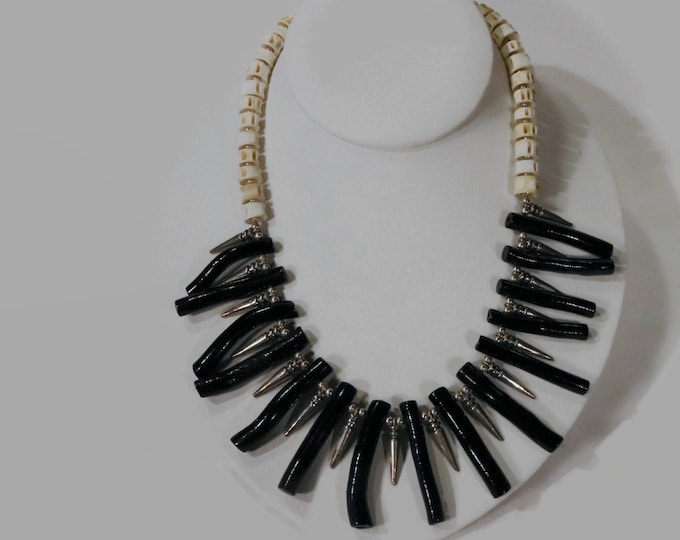 Stunning Black Branch Coral, Fish Bone and Sterling Silver Tribal Fringe Necklace 17 1/2"